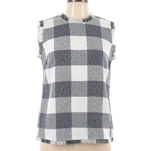 Banana Republic White and Blue Gingham Plaid Frayed Hem Top Blouse Size Medium M - Picture 5 of 5